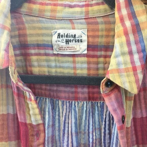 Anthro | HOLDING HORSES Orange Plaid Button Down | - Picture 3 of 6